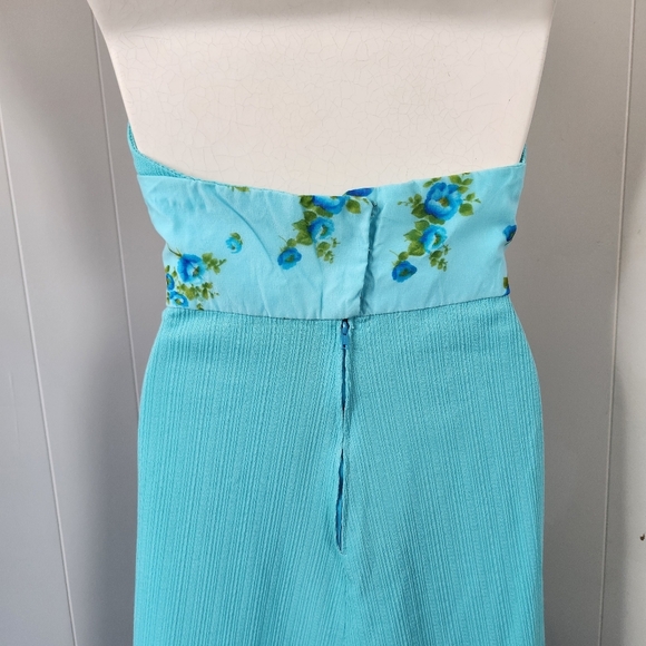 Vintage Blue Floral Halter Maxi Dress 60s 70s Boho Bohemian Hippie Romantic - Picture 3 of 10